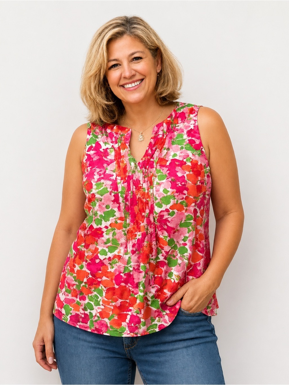 Talbots Sleeveless Floral Pintuck Blouse Top Size 12 Pink Green Orange